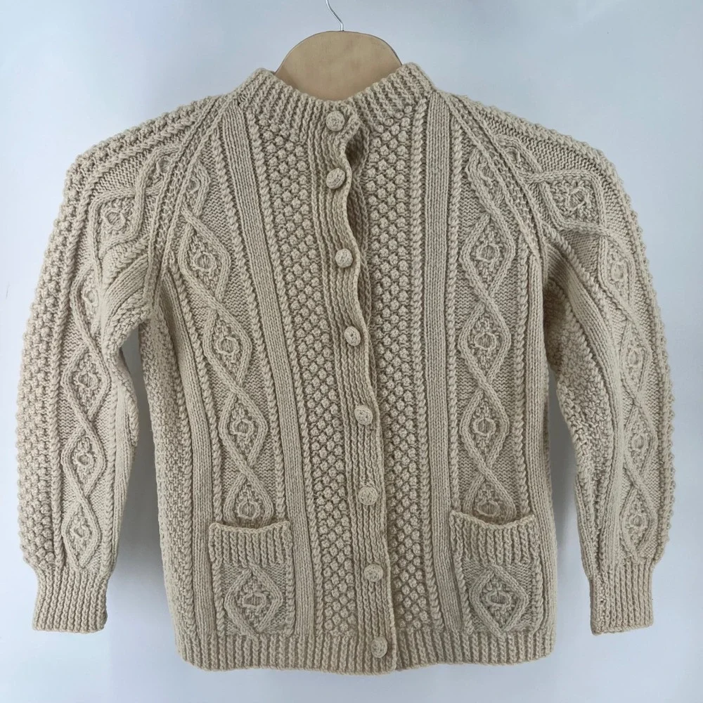 Heron Garment Vintage Aran Wool Cardigan Sweater Irish Cable Knit Cream Shannon